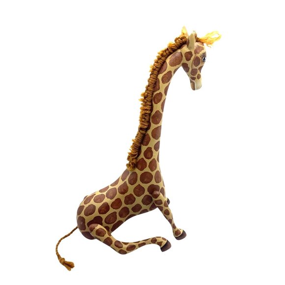 Handcrafted Wooden Giraffe Figurine Painted Spots & Yarn Mane Hand-painted 12" - Picture 4 of 6
